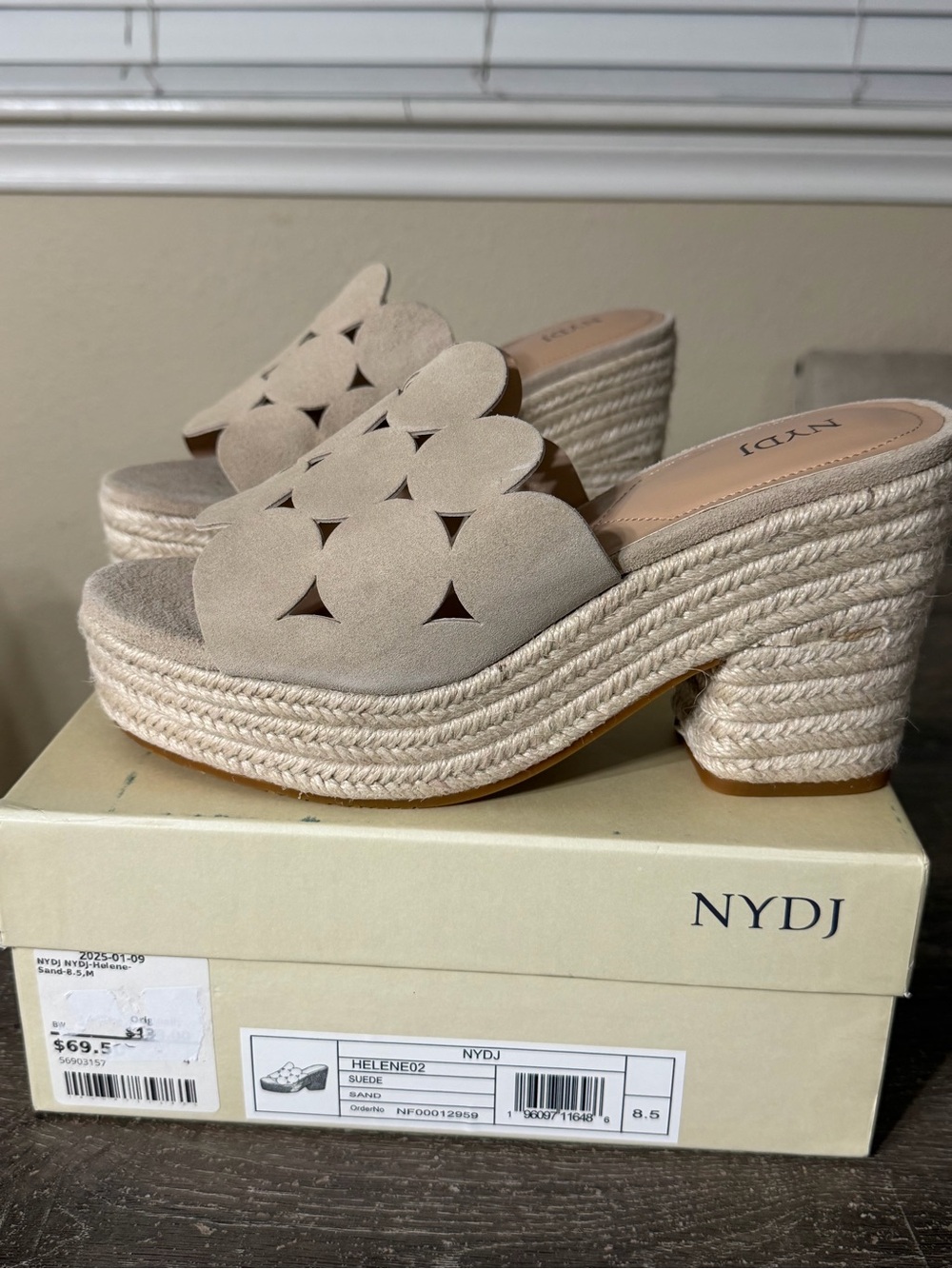 NYDJ Cream Suede Scalloped Espadrille Platform Mule
